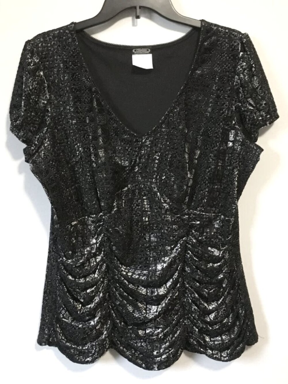 VTG Clientele Black Silver Velvet Burnout Draped Top XL 90s Whimsigoth